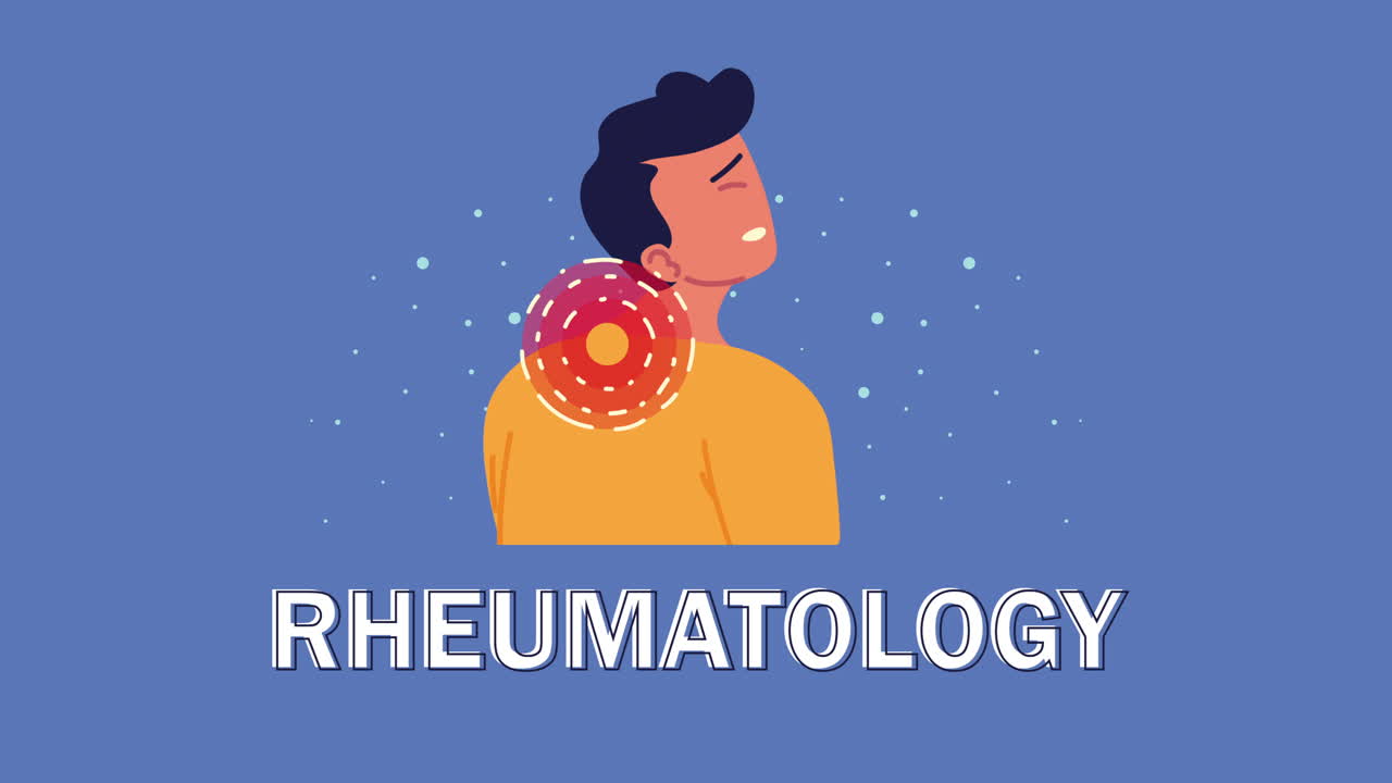 목에 통증이 있는 젊은이, 류마토로지, 질병, 애니메이션