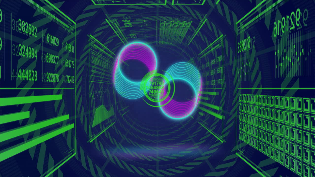 Glowing data and geometric patterns in animation of futuristic digital tunnel