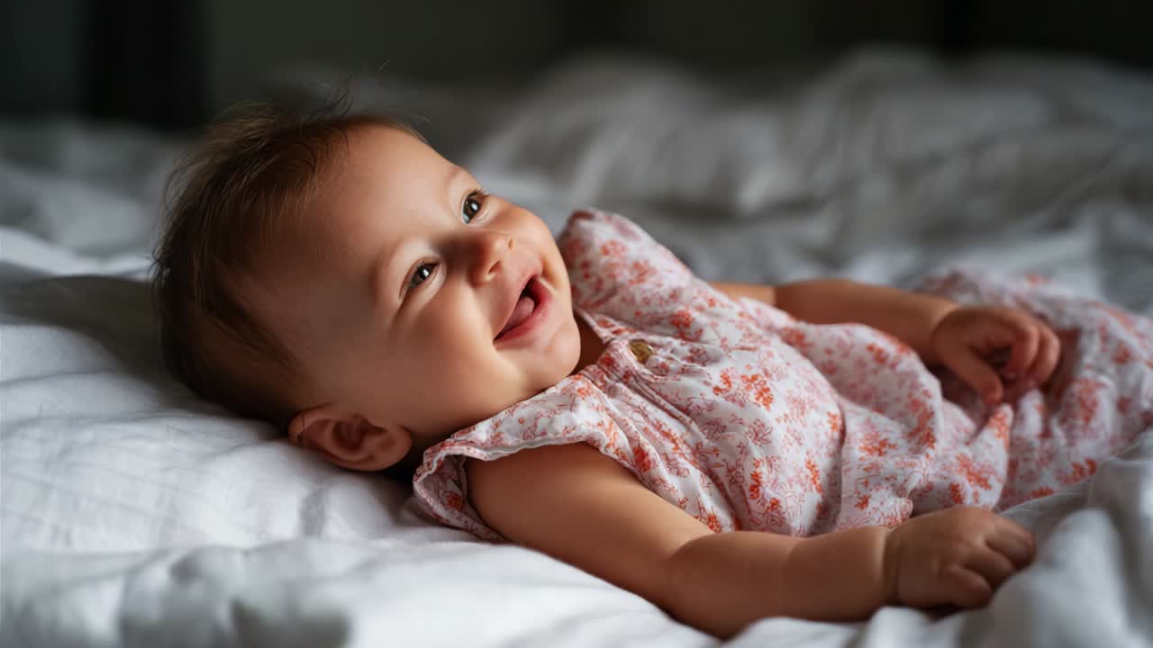 A Delightful Baby's Laughter Captured in Two Frames, Showcasing the Joy and Innocence of Infancy, Highlighting the Pure Emotion and Happiness Reflecting Through Playful Expression on Soft Bedding