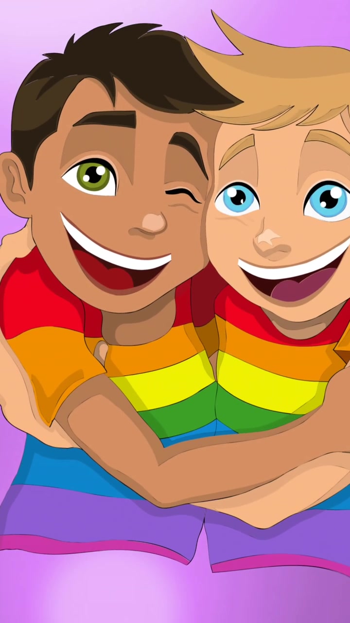 Animazione di coppia gay a cartoni animati su sfondo viola