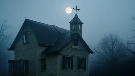 an abandoned church under the moonlight