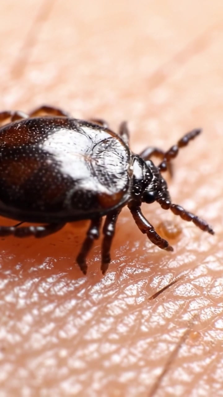 Esame ravvicinato di una zecca sulla pelle: uno sguardo approfondito alle superfici e alle texture dell'anatomia di una zecca e alla sua interazione con la pelle umana.