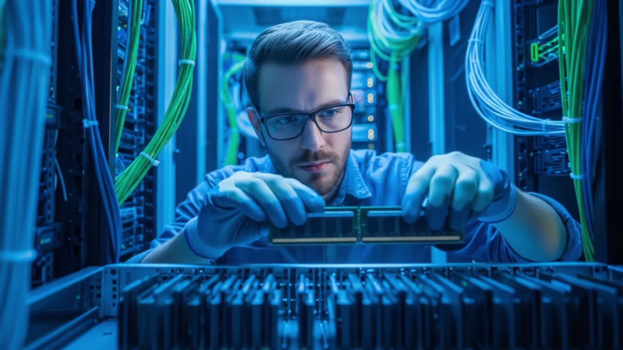 A Technician Performs Upgrades in a High-Tech Server Room, Focused on Installing New Components in a Network Infrastructure Environment