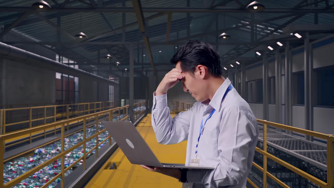 ภาพด้านข้างของพนักงานมืออาชีพชายชาวเอเชียกำลังใช้แล็ปท็อป ตรวจสอบโรงงานรีไซเคิลพลาสติกพร้อมสายพานลำเลียงขวด เขากำลังพยักหน้าแสดงความผิดหวัง