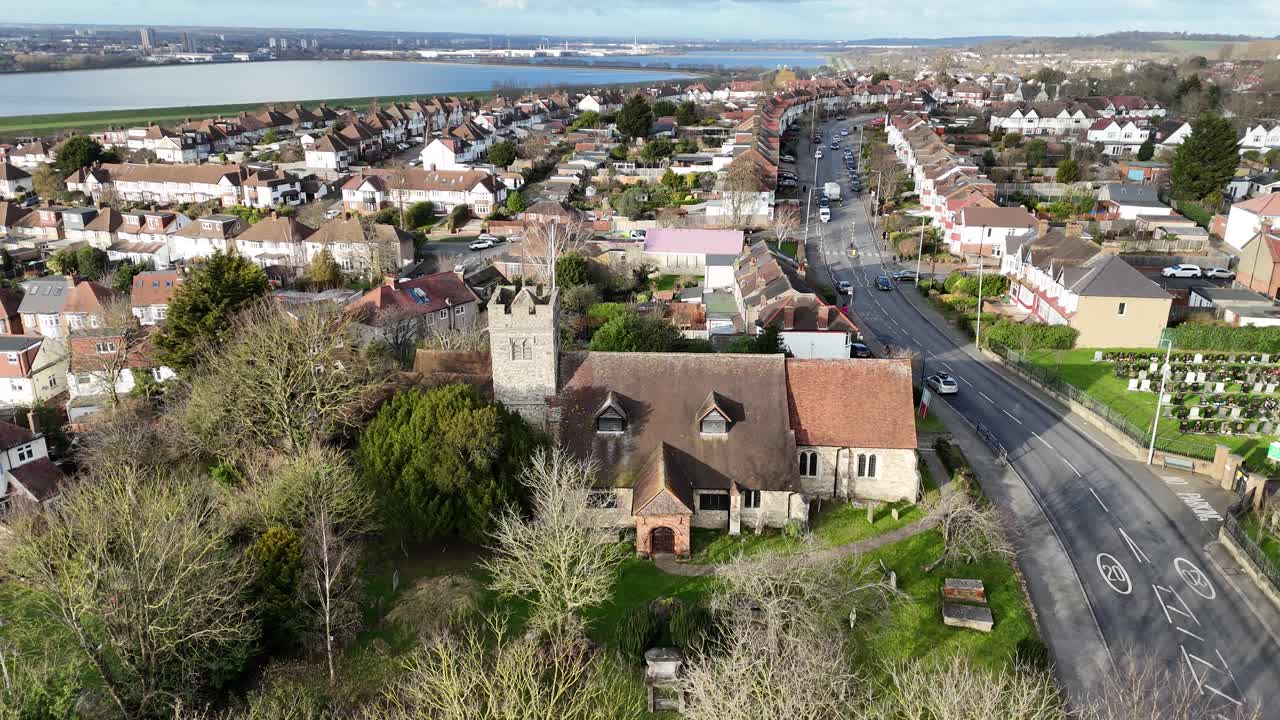 Chingford Old Church all saints , UK ,12th century, church drone,aerial