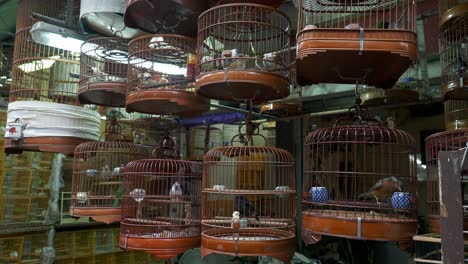 Variadas-Jaulas-Para-Pájaros-A-La-Venta-Cerca-Del-Jardín-De-Pájaros-Yuen-Po-En-Mongkok,-Kowloon,-Hong-Kong