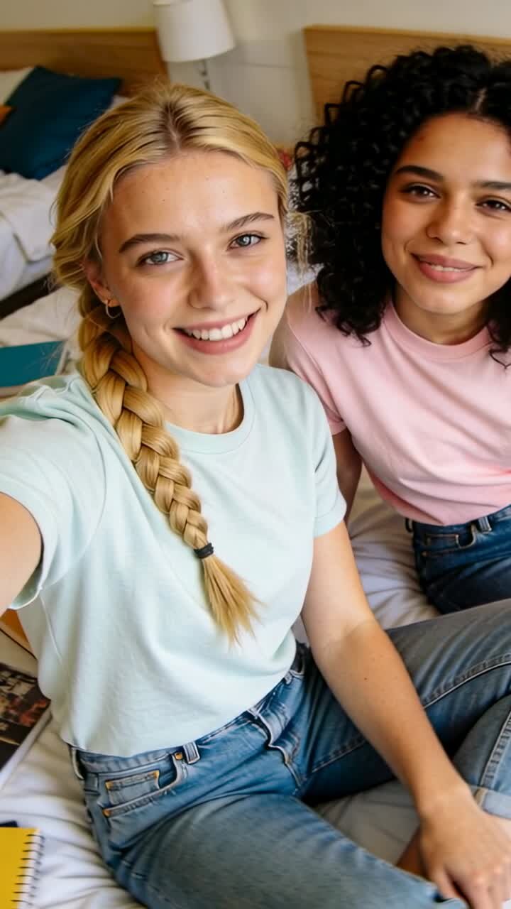 Vídeo vertical: Mulher à esquerda tirando uma selfie segurando o telefone, com uma amiga encostada na cama com anotações, de jeans.