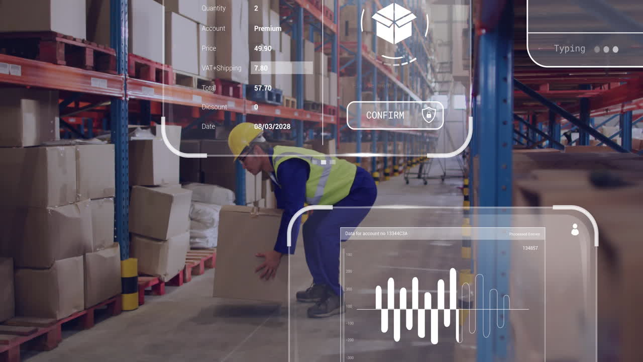 Lifting box in warehouse, worker with data processing animation overlay