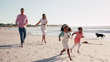 travel, adventure and family running on the beach