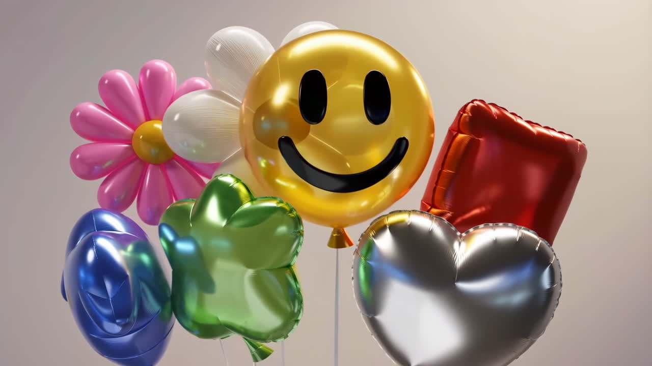 A vibrant assortment of metallic balloons in various shapes