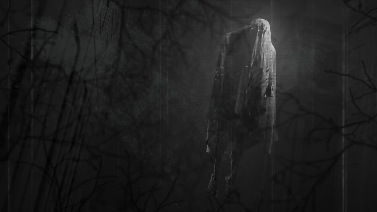 Animation of interference and tree branches over ghost on black background at halloween