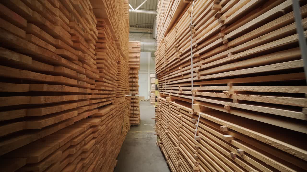 Tracking Shot Through Stacks of Raw Wood Planks in a Warehouse