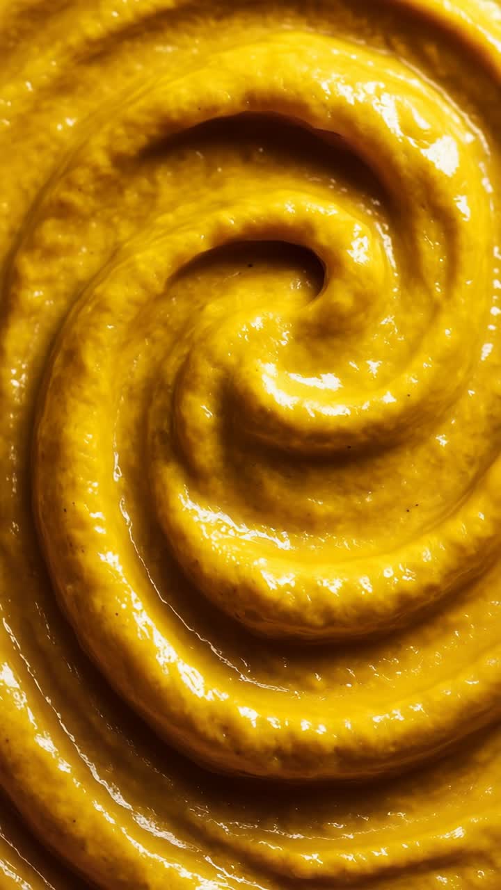 Nærbilde ovenfra av glatt, virvlende sennepstekstur, perfekt som bakgrunn for matvideo