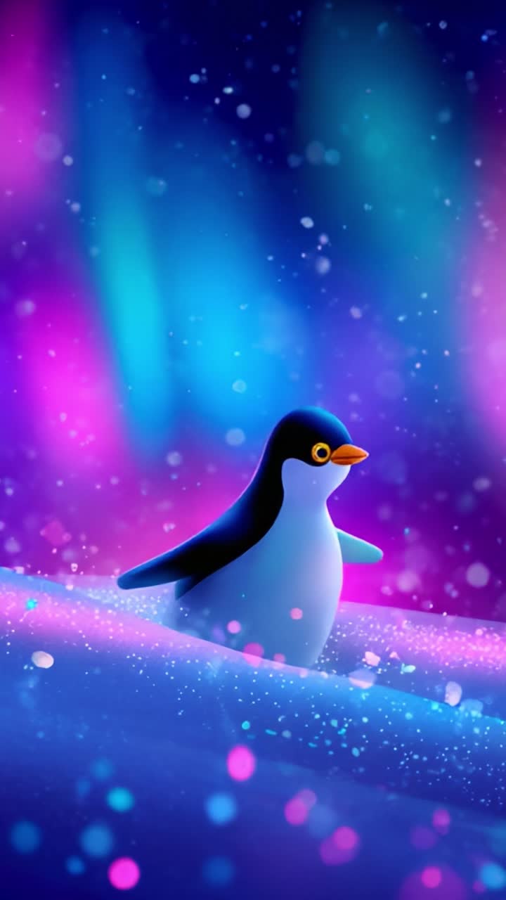 A charming cartoon penguin explores a vibrant, colorful winter landscape illuminated by mesmerizing auroras, creating a magical adventure filled with joy and wonder amidst the snowy scenery