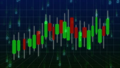 animation of financial data processing and binary coding on black background