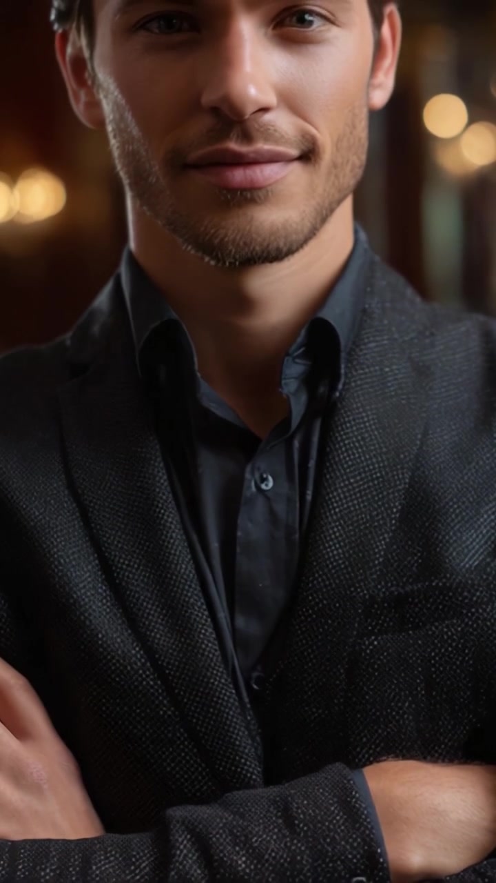 Retrato Cativante de um Homem Confiante Exalando Carisma e Charme em um Elegante Terno Preto, Perfeitamente Estilizado para um Evento Noturno Sofisticado