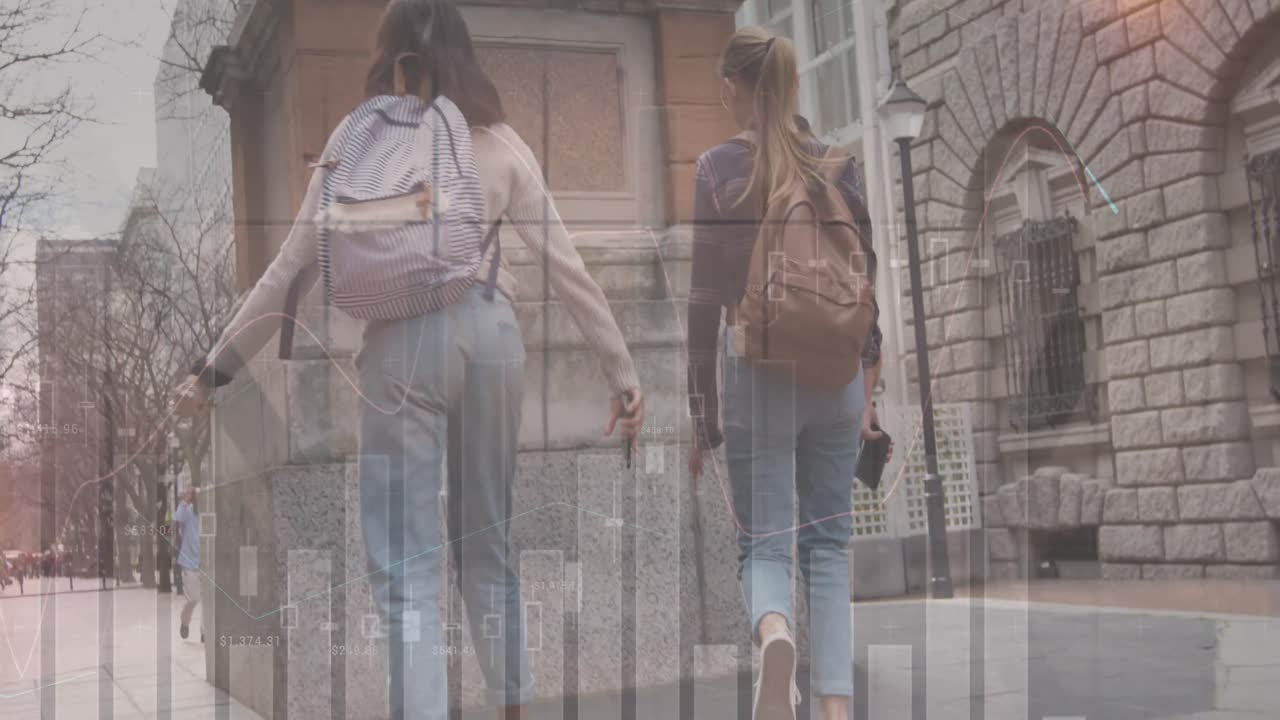 금융 데이터와 그래프의 애니메이션 백인 여성 친구의 뒷모습