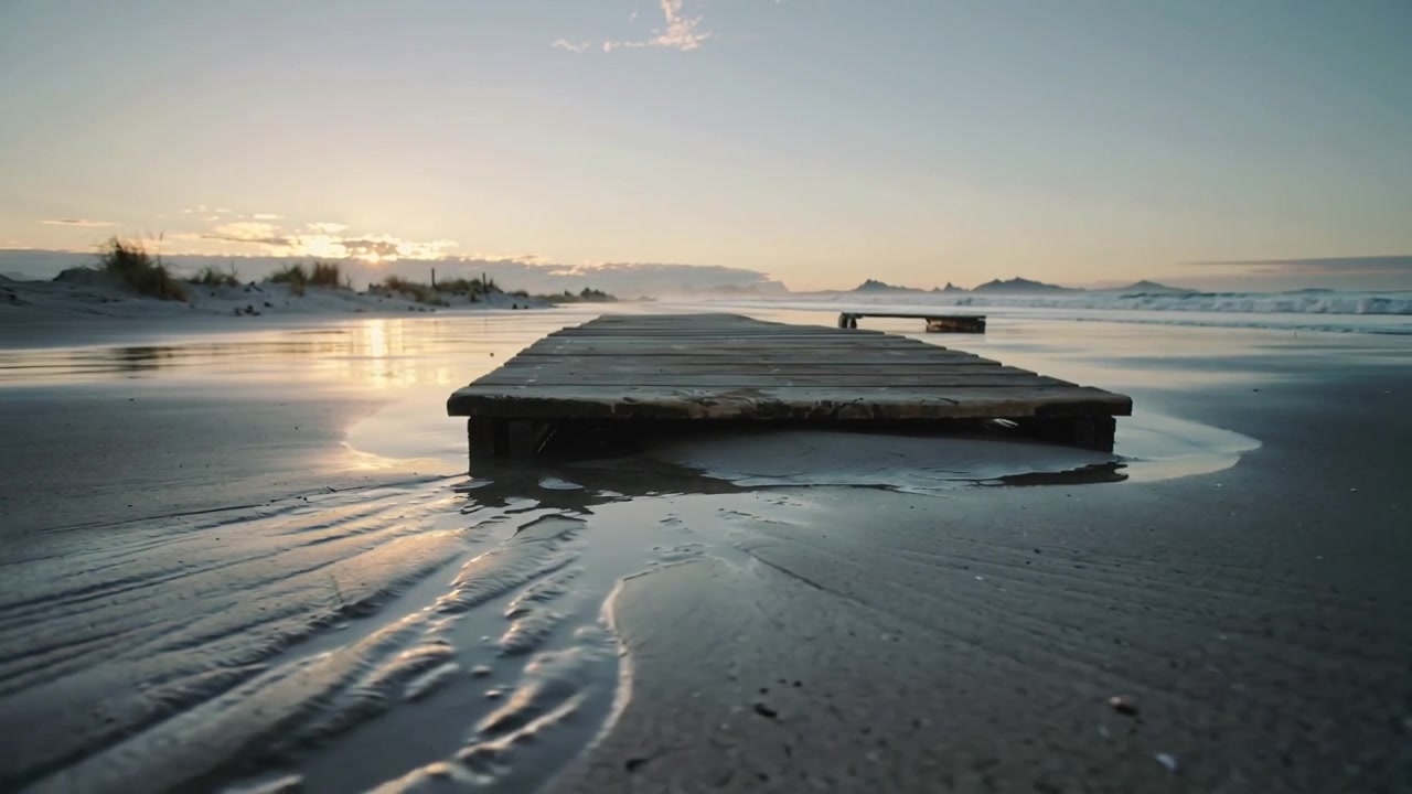 Kamera senkes for å fange en treplattform som ligger på våt sand ved lavvann, fremhever teksturer.