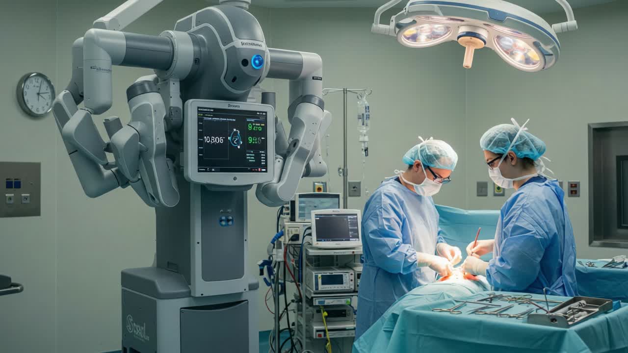 A Robotic Surgical System Assists Surgeons in an Operating Room, Showcasing Advanced Medical Technology and Precision During a Complex Surgical Procedure