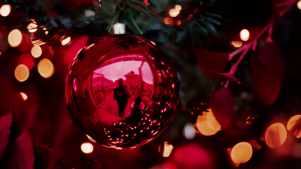 Close up of red Christmas decorations and lights on a tree