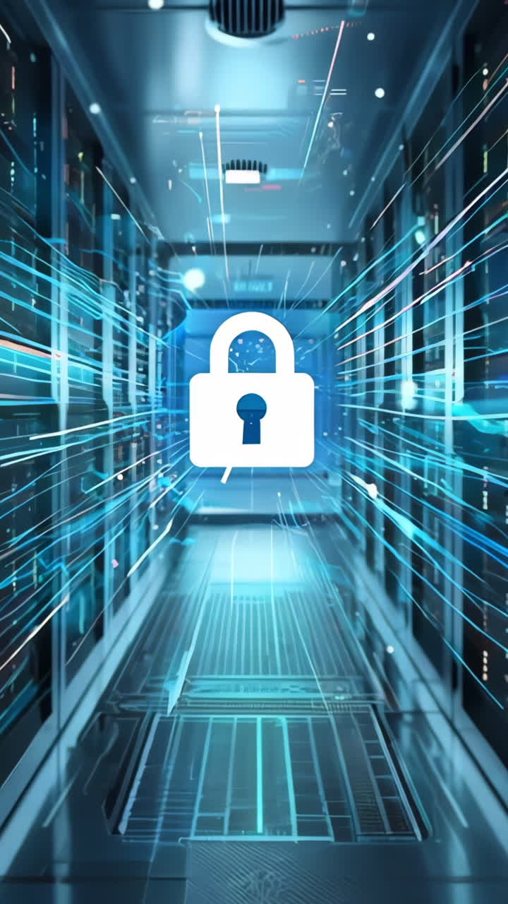 A computer network with a blue and green color scheme. The network is shown as a long hallway with many computer servers. The servers are connected to each other