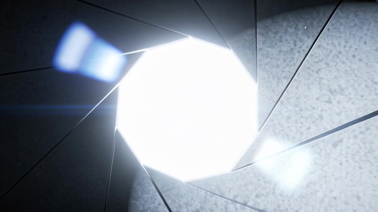 Shining lamp hitting front lens revealing iris blades and concentric rings with cyan flares studio
