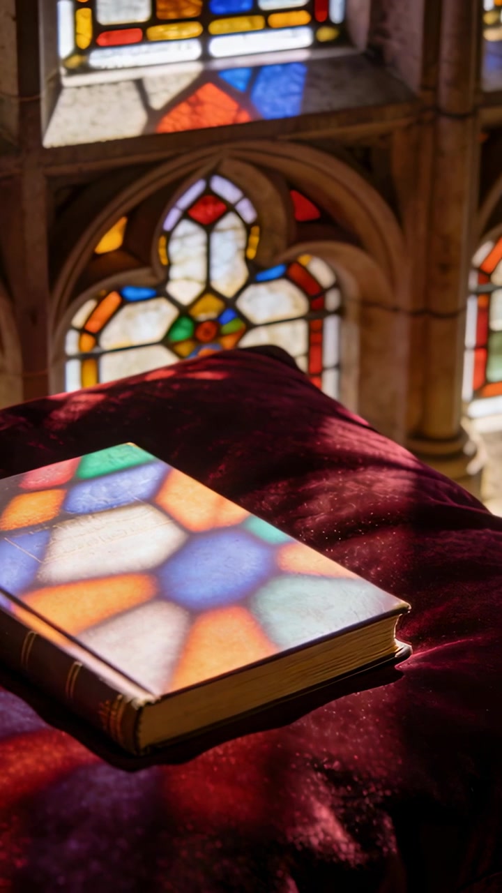 Video verticale: Libro illuminato da luce cangiante effetto vetrata su velluto bordeaux in chiesa, con spazio per il testo.