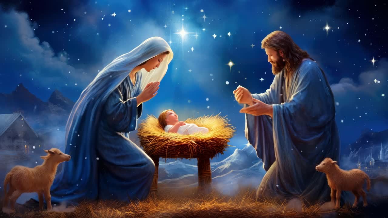 A serene nativity scene with a low-angle view, capturing Mary, Joseph, and baby Jesus under a starry