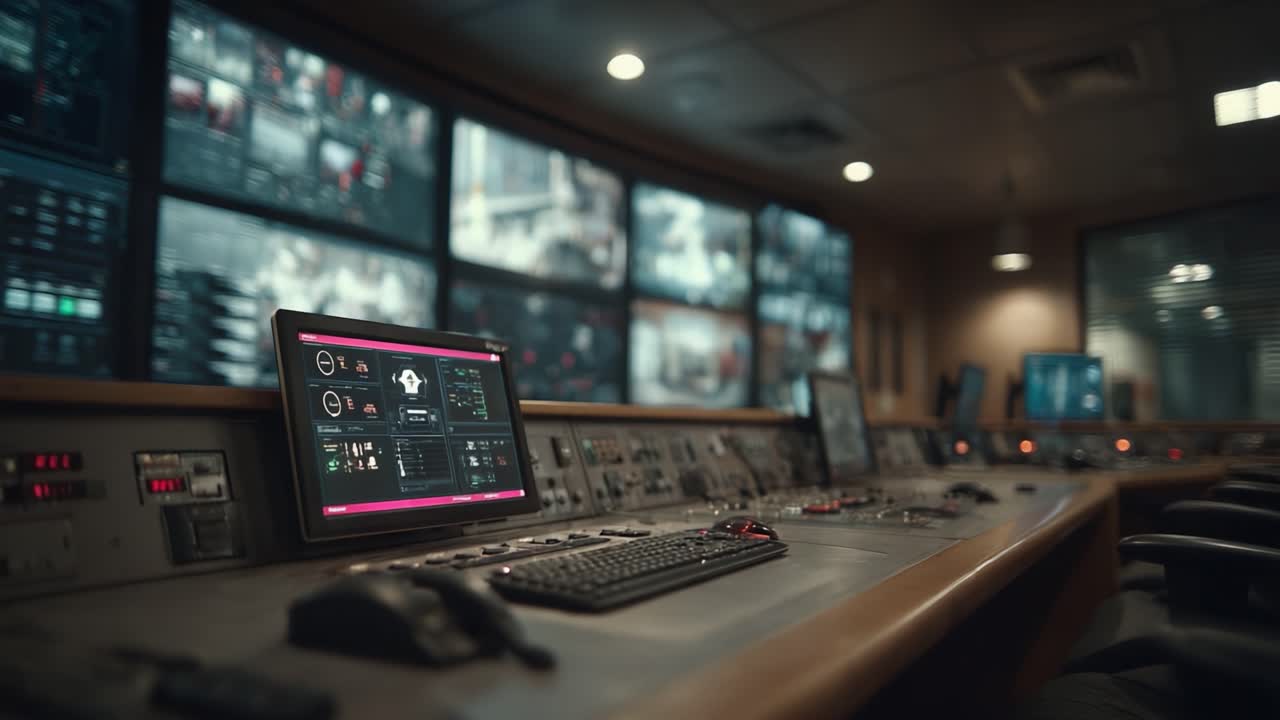 Una sala di controllo moderna con monitor e attrezzature ad alta tecnologia, che espone tecnologia avanzata e display di sorveglianza in un ambiente di lavoro impressionante.