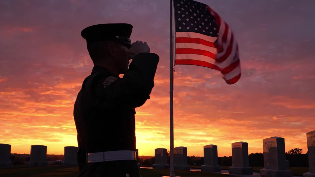 Un solenne tributo al sacrificio e al valore: un militare saluta mentre la bandiera degli Stati Uniti sventola sullo sfondo di un bellissimo tramonto