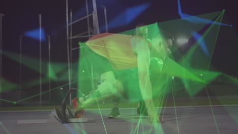 animation of geometrical shapes over caucasian man with running blade preparing to start