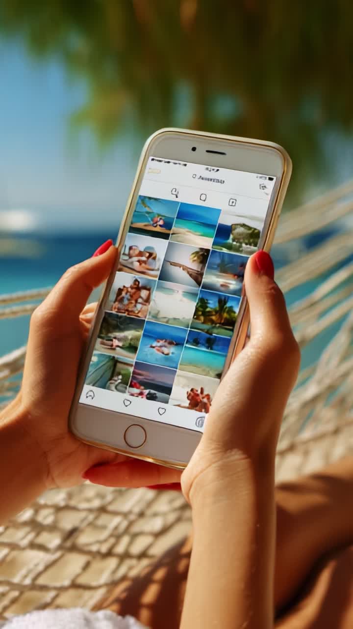 Capturing Memories: A Relaxing Day by the Beach with a Smartphone, Showcasing a Vibrant Gallery of Scenic Photos on Social Media and the Joy of Leisure in a Hammock Surrounded by Nature