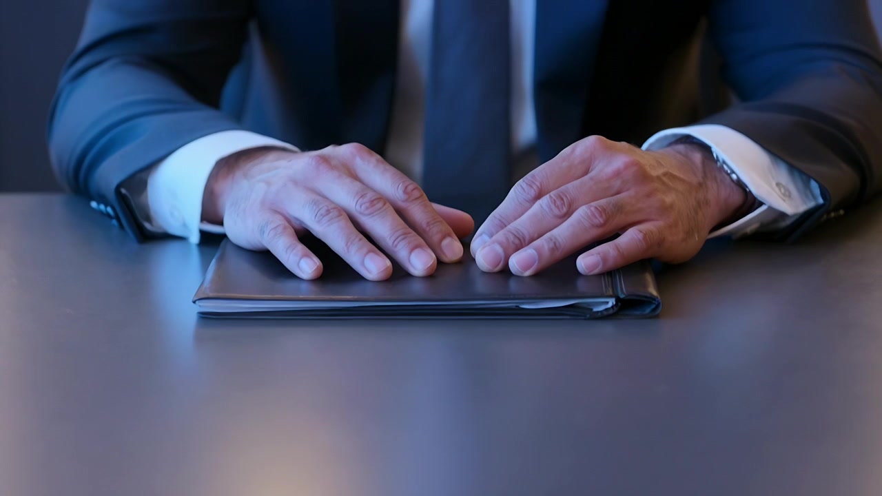 Telecamera che si allontana, inquadrando un uomo in giacca e cravatta che sistema le mani su una cartella in sala riunioni, preparandosi per un incontro.