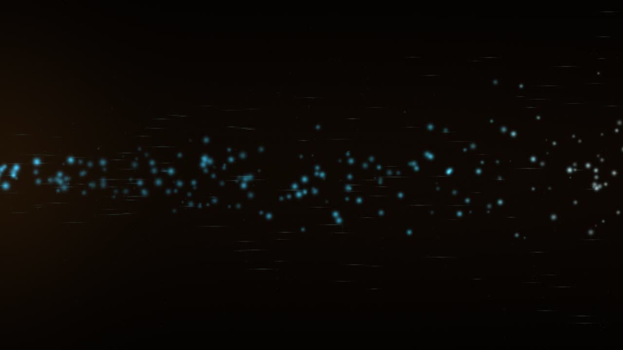 Un flux de particules bleues s'écoule horizontalement sur un fond noir, créant une sensation d'énergie et de mouvement.