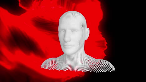 animación de una cabeza humana digital sobre rastros de luz sobre un fondo negro