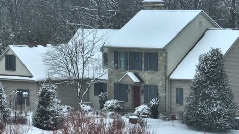 aerial establishing shot of a snow covered house