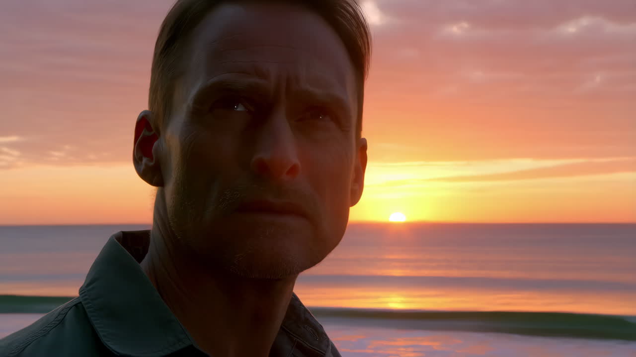 Man Gazing at Sunset Over Ocean