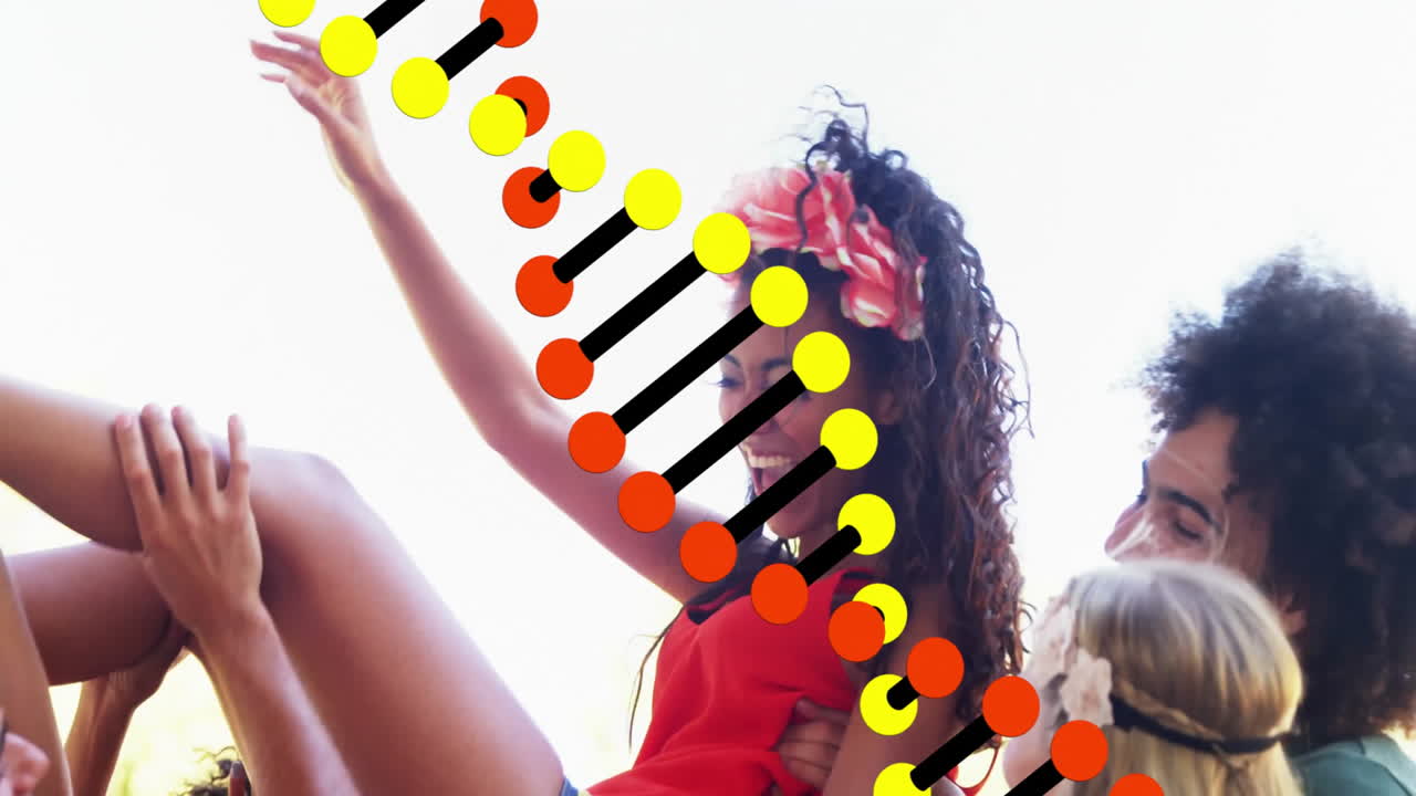 Playing with DNA strand animation overlay, people in cheerful moment together