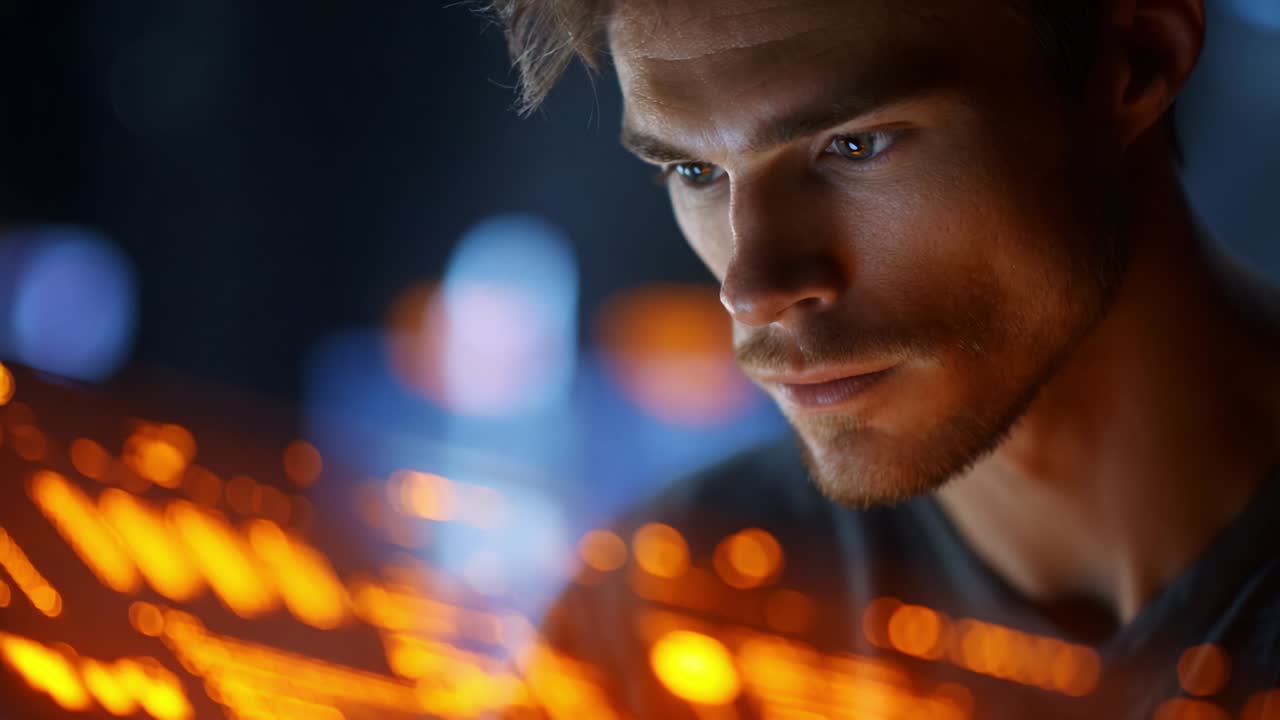 Intense Focus on Futuristic Interface: A Captivating Moment Captured as a Young Man Engages With a Pulsating, High-Tech Interface Panel, Illuminated by Vibrant Orange Glow, Reflecting Deep Concentration