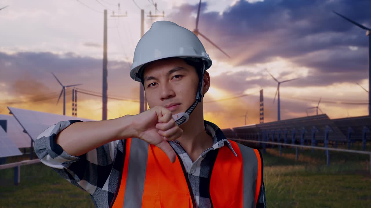 Close Up Of Asian Male Engineer With Safety Helmet Showing Thumbs Down Gesture And Shaking His Head While Standing With Solar Panel and Wind Turbines