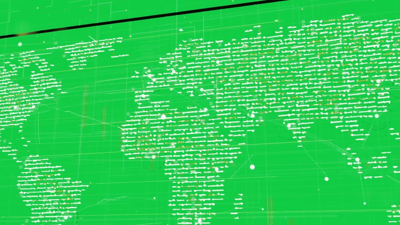Rutnät startar över karta, förtätas, skapar noder och staplar, visar globalt dataflöde, transparent