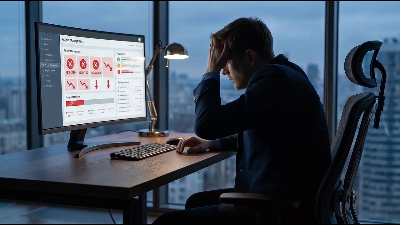 Stressed Businessman Looking at Failed Project Data on Computer Screen