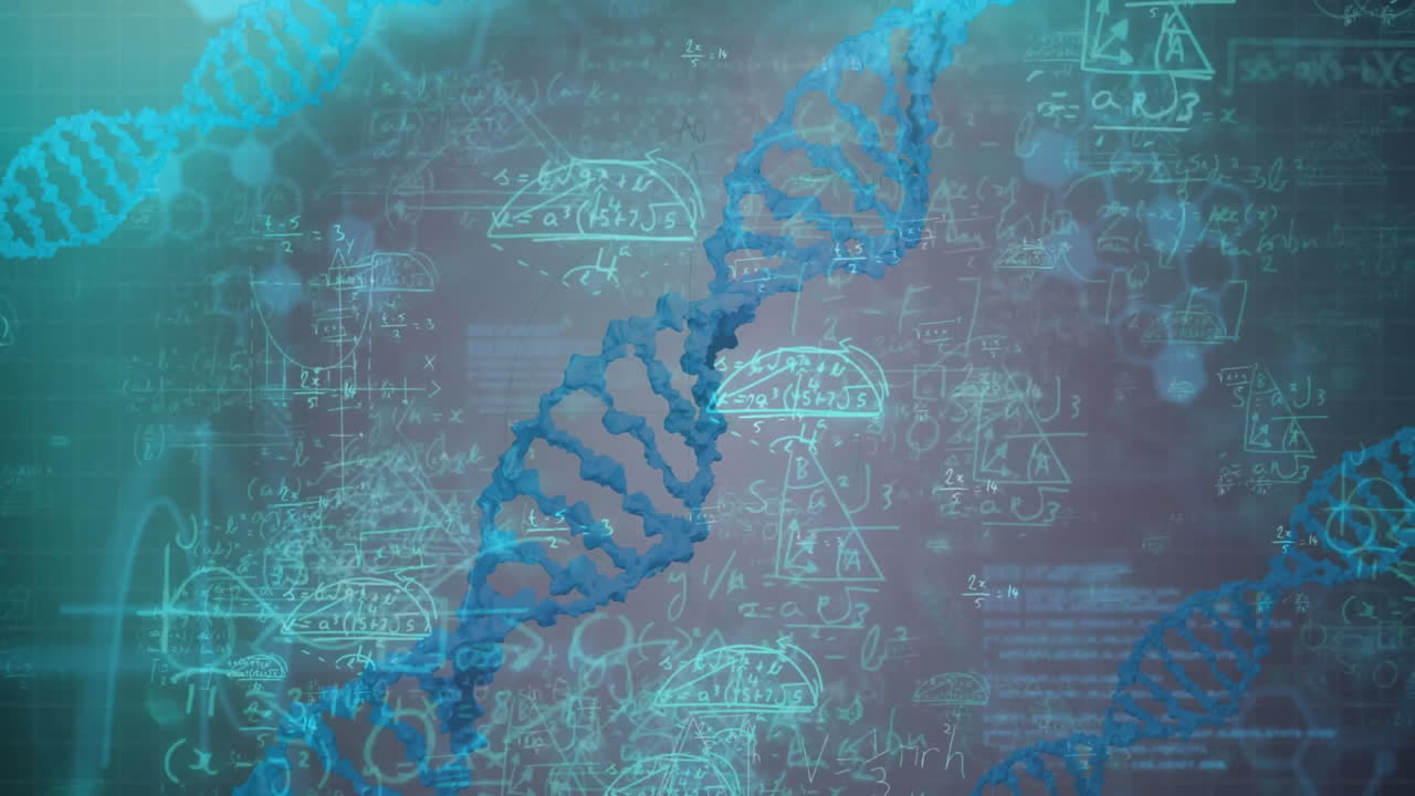 DNA strand and mathematical equations over scientific data processing animation