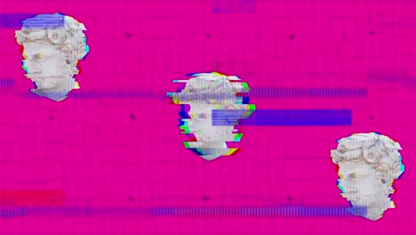 Animation-of-three-antique-head-sculptures-with-glitch-on-pink-background