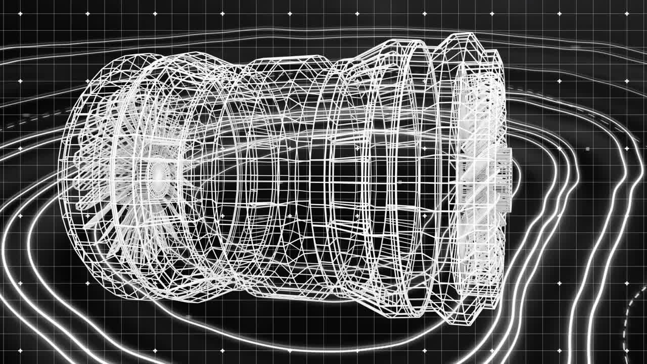 animación de modelo circular 3d y líneas que forman forma abstracta, patrón de cuadrícula sobre fondo negro