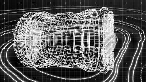Animation of 3d circular model and lines forming abstract shape, grid pattern over black background