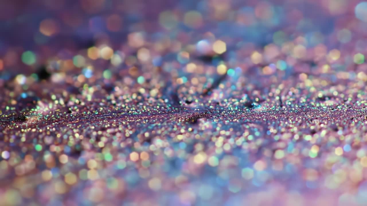 A Stunning Close-Up View of Glittering Particles on a Colorful Surface, Showcasing a Mesmerizing Display of Light and Texture with Vibrant Hues and Shimmering Effects
