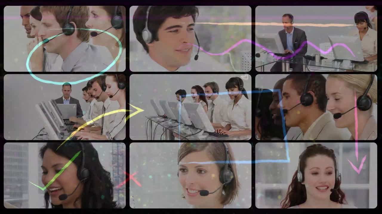 animación de iconos y números sobre fotos de personas de negocios usando auriculares de teléfono