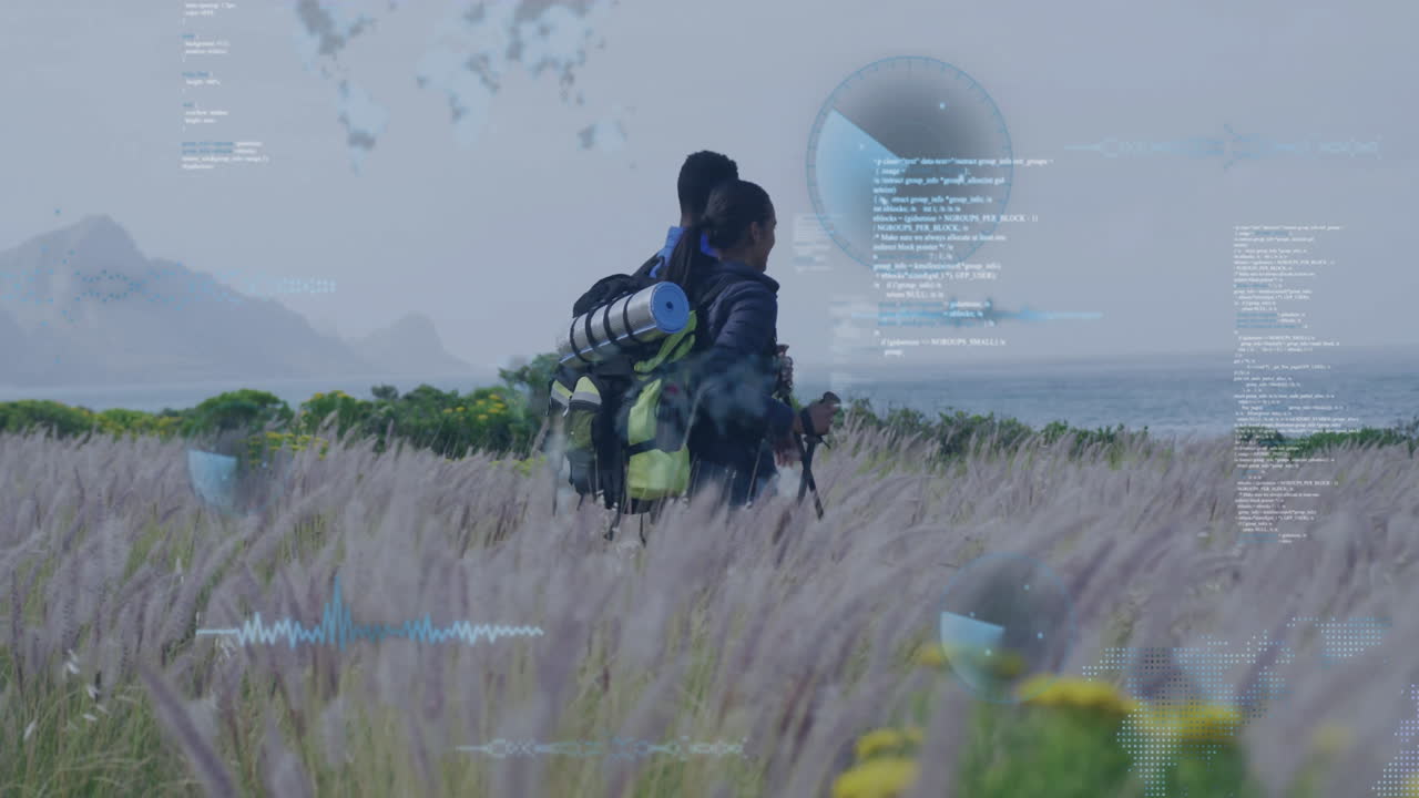 Walking through tall grass, hikers with backpacks exploring digital data animation