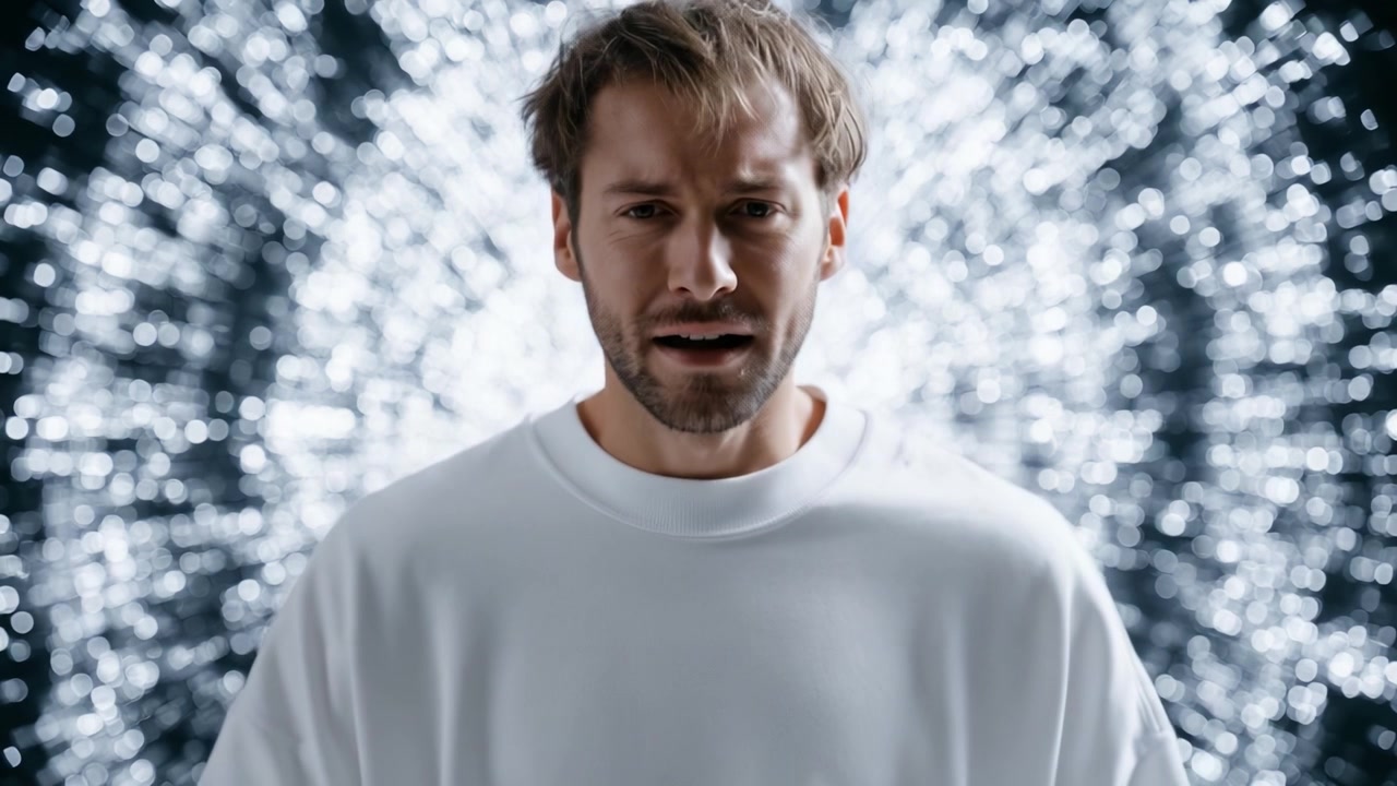A Visual Journey Through Emotional Turmoil: Expressive Face Amidst a Dazzling Background of Lights Captures the Struggle with Inner Chaos and Reflection